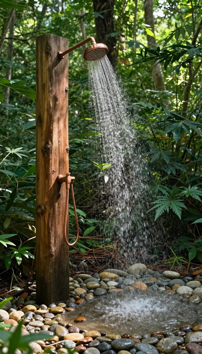 Outdoor shower with river rock floor and copper showerhead in a forest setting