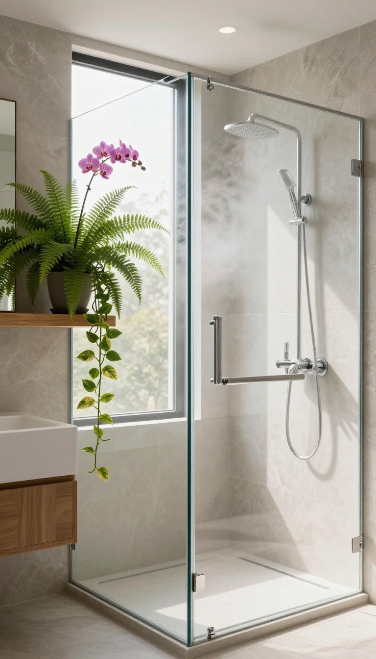 A shower with a window sill filled with moisture-loving plants like ferns and orchids, creating a spa-like atmosphere.