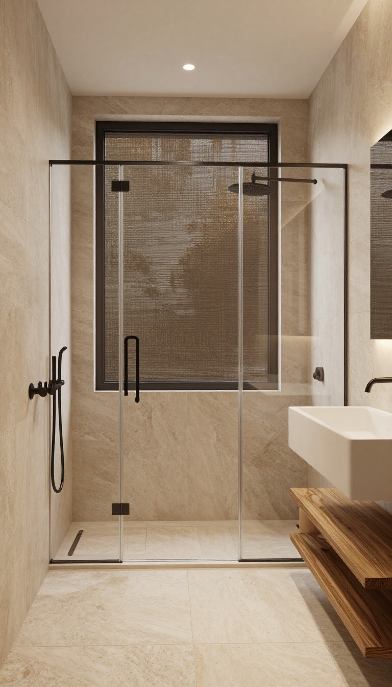 Modern bathroom with a shower featuring a smoked glass window for privacy and soft light