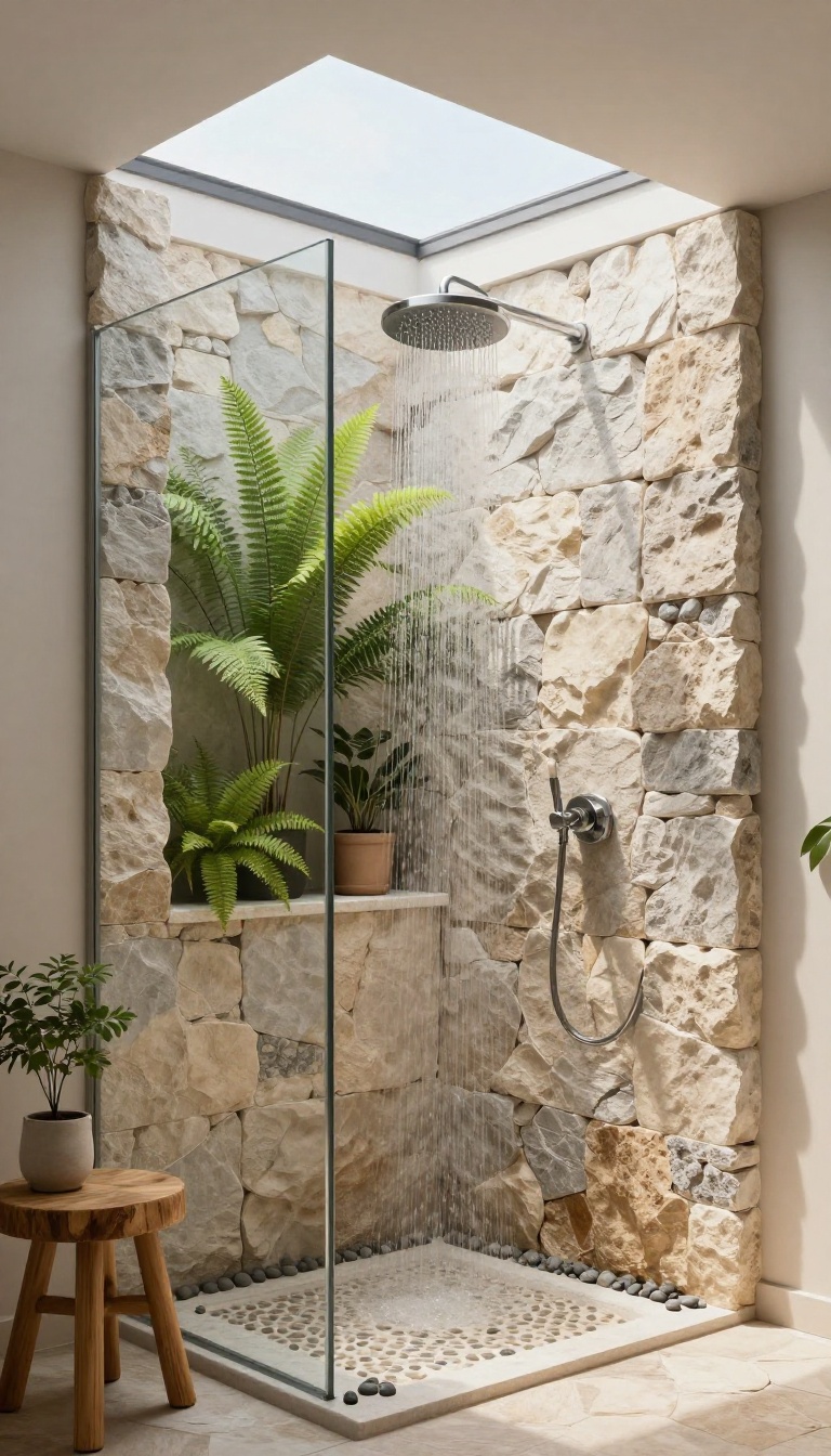 Outdoor-inspired walk-in shower with stone pebble floor, stacked stone walls, rainfall showerhead, skylight, and potted ferns and bamboo.