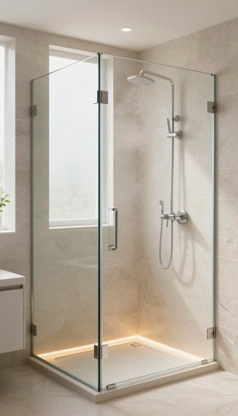 Luxury bathroom with a steam shower and warm heated floor glowing softly under natural light