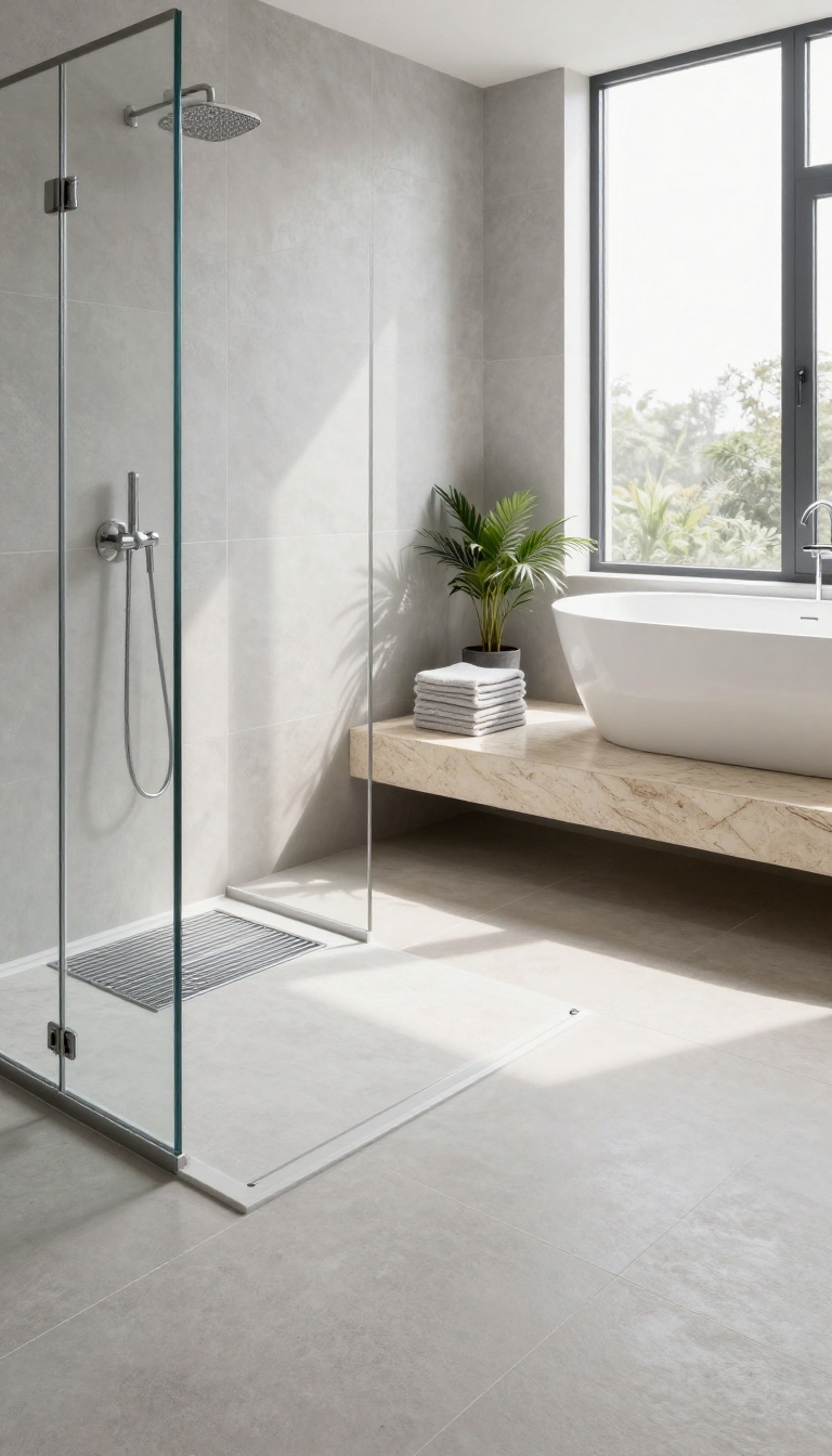 Zero-threshold shower with built-in stone bench and bathtub in a bright, modern wet-room bathroom