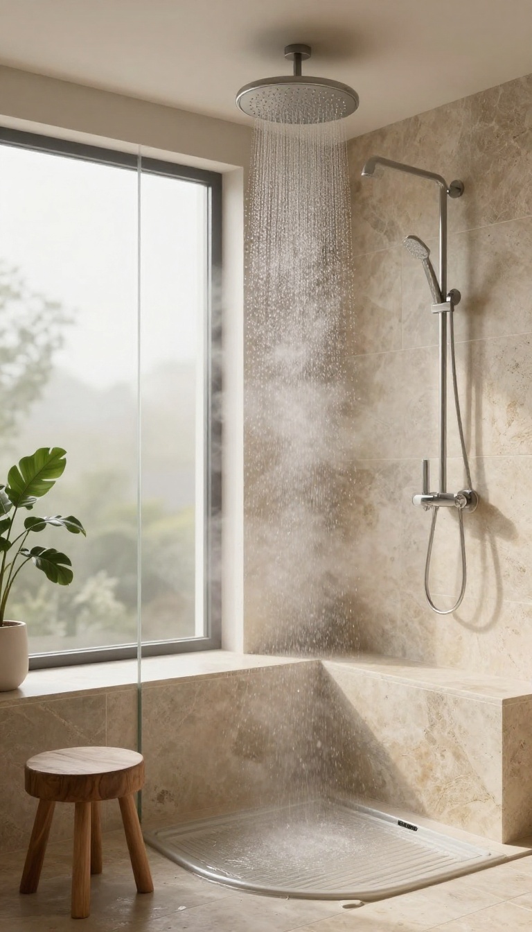 Rainfall showerhead in a steam shower with soft mist and natural stone tiles
