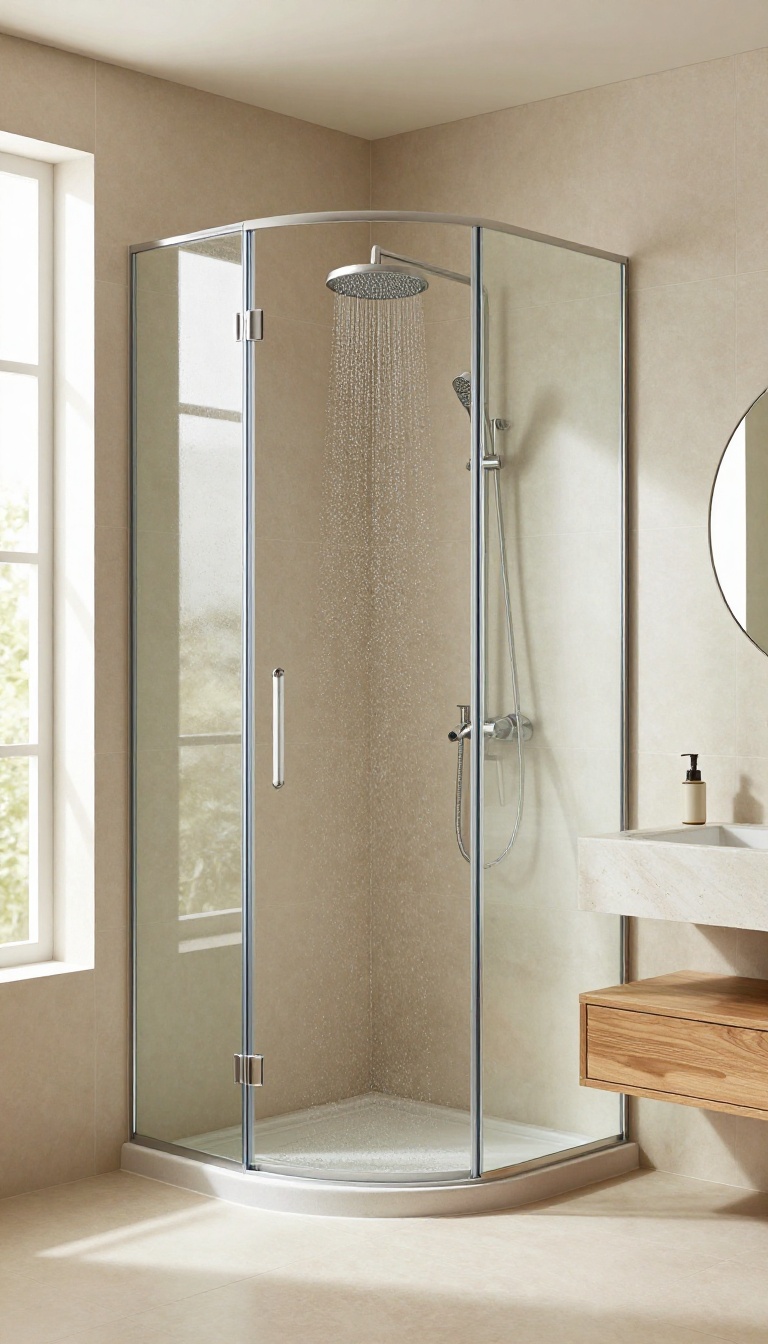 Curved glass shower screen in a modern corner shower, open and airy design