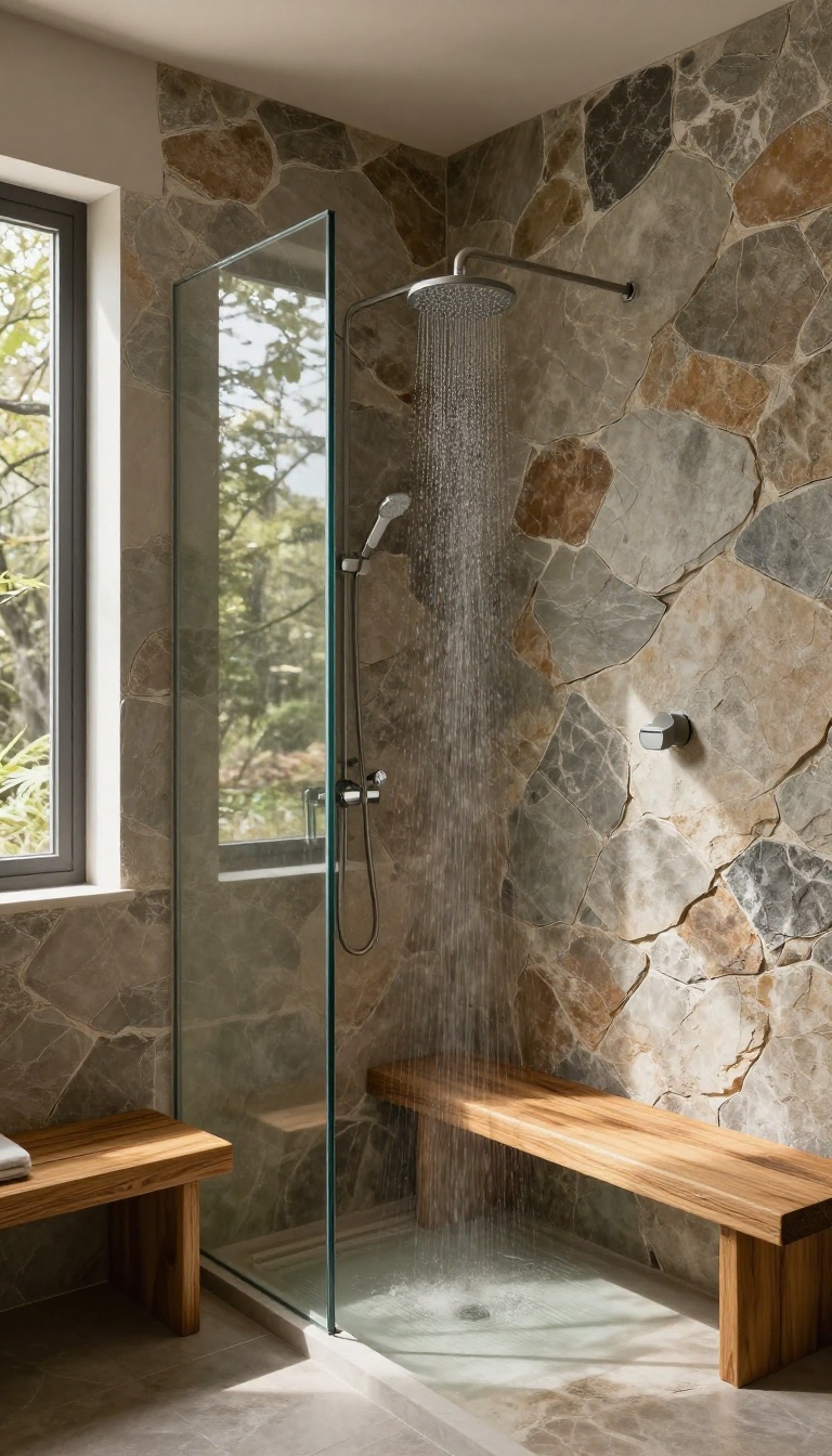 Spa shower with natural stone wall and teak bench, earthy and serene