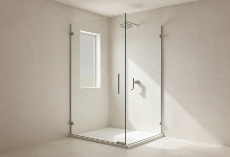 Modern walk-in shower with frameless glass, linear drain, and built-in niche