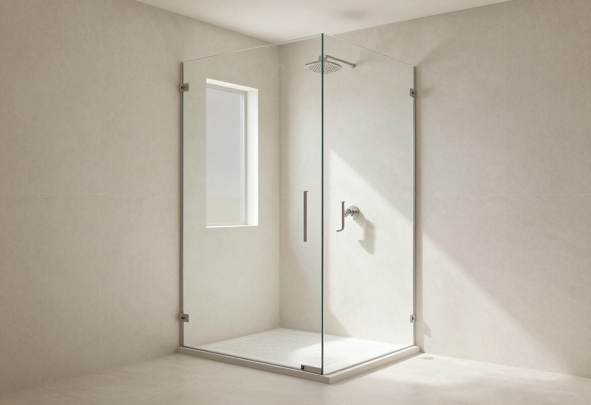 Modern walk-in shower with frameless glass, linear drain, and built-in niche