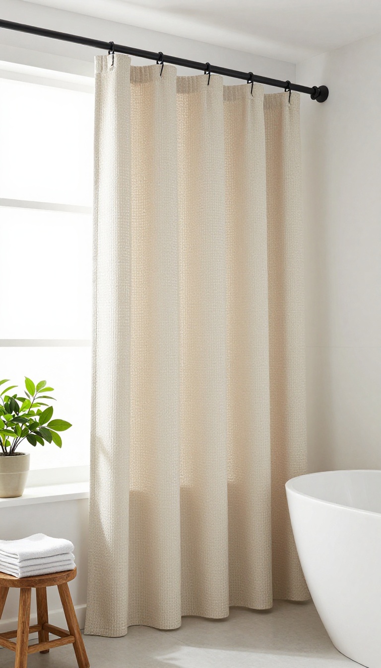 Extra long waffle weave shower curtain in a bright, spa-like bathroom
