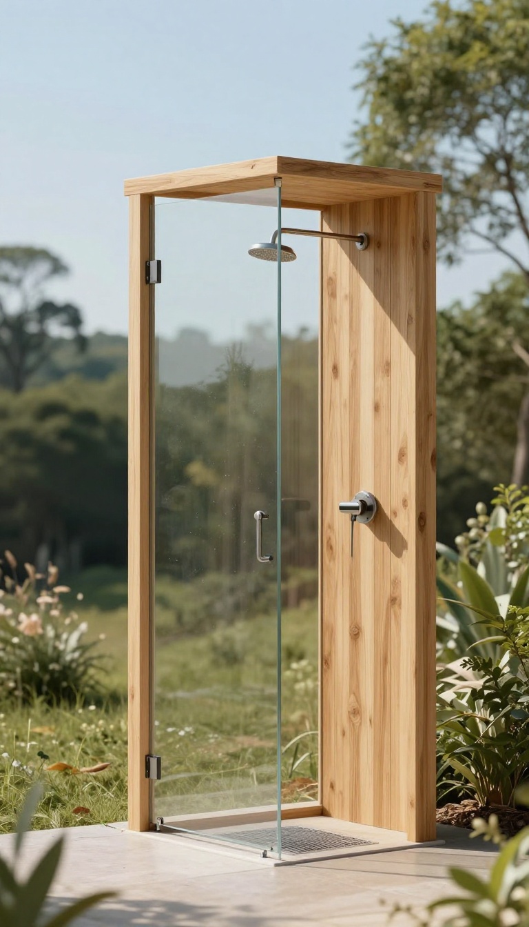 Minimalist glass enclosure outdoor shower with wood accent in natural setting