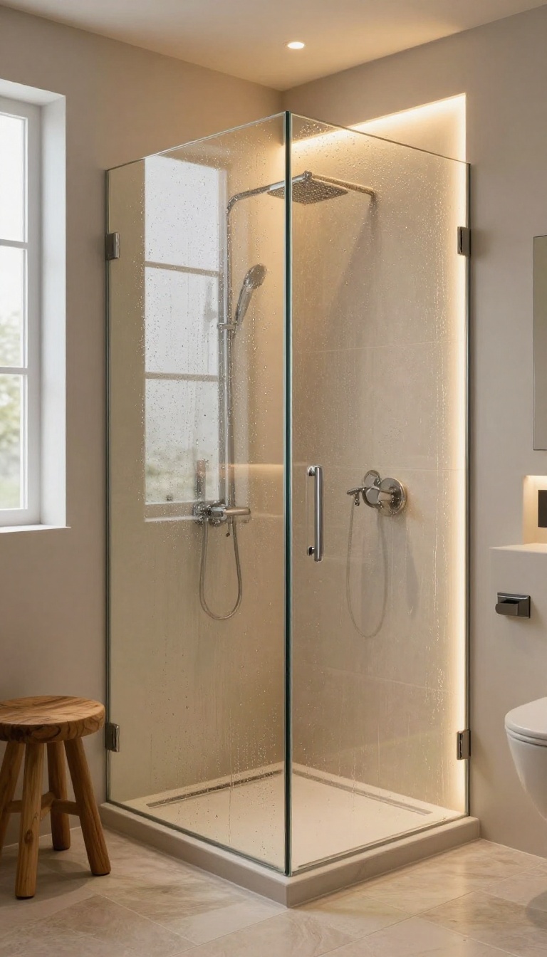 Frameless glass shower panel with warm LED lighting creating a cozy, spa-like bathroom atmosphere at dusk.