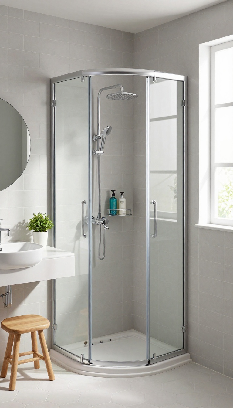 Small modern bathroom with a corner shower unit, glass sliding door, and compact vanity, showing space-saving design.