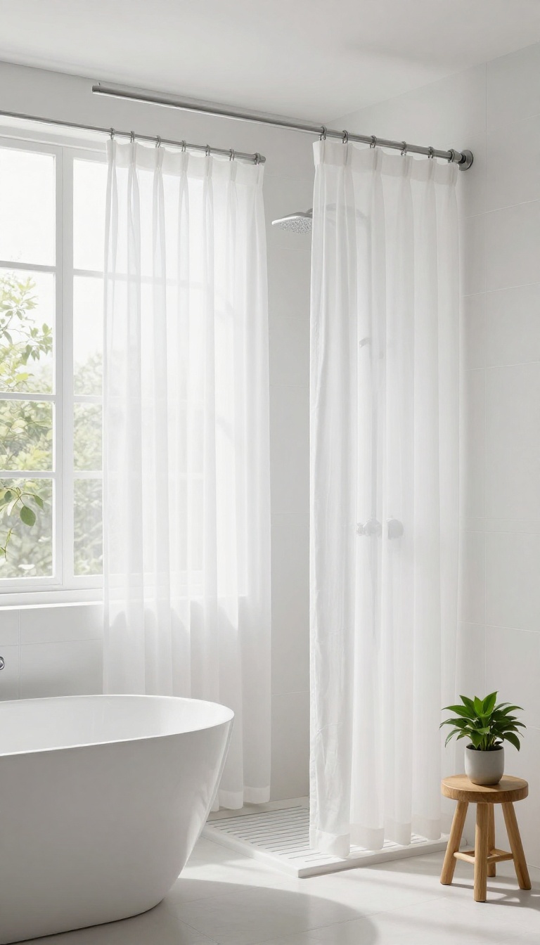 Elegant bathroom with layered sheer and opaque shower curtains for light and privacy