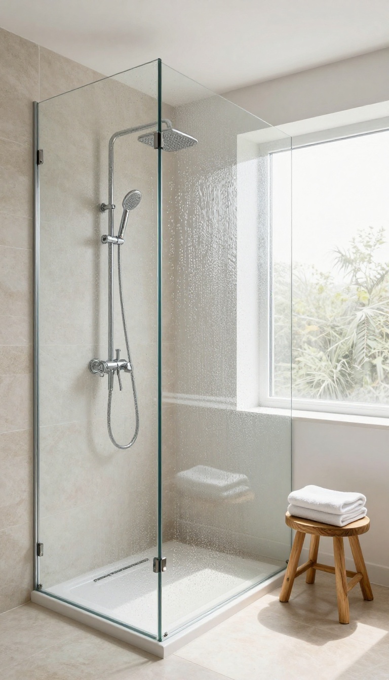 Modern bathroom with a textured rain glass shower partition that provides privacy while letting natural light through, creating a bright and airy spa-like feel.