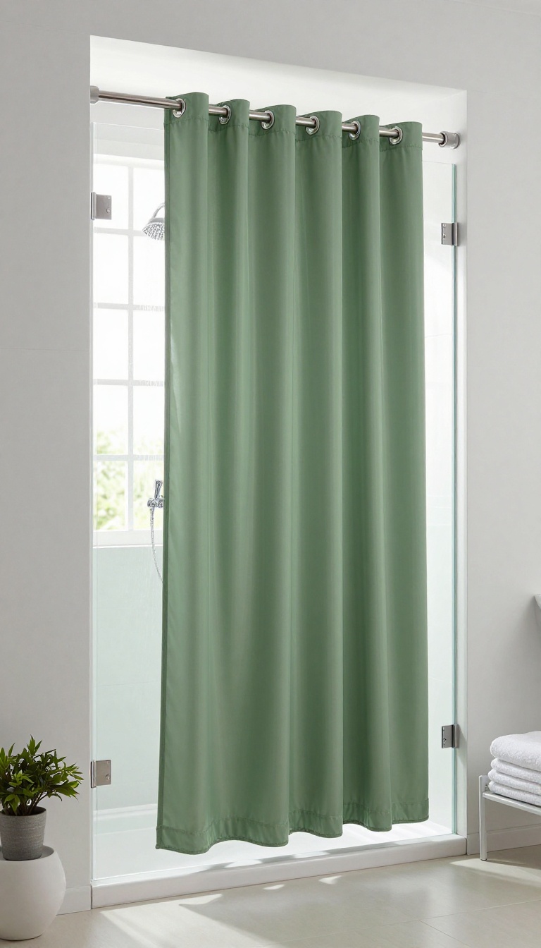 Modern bathroom with a durable outdoor-style green shower curtain over a glass shower door.