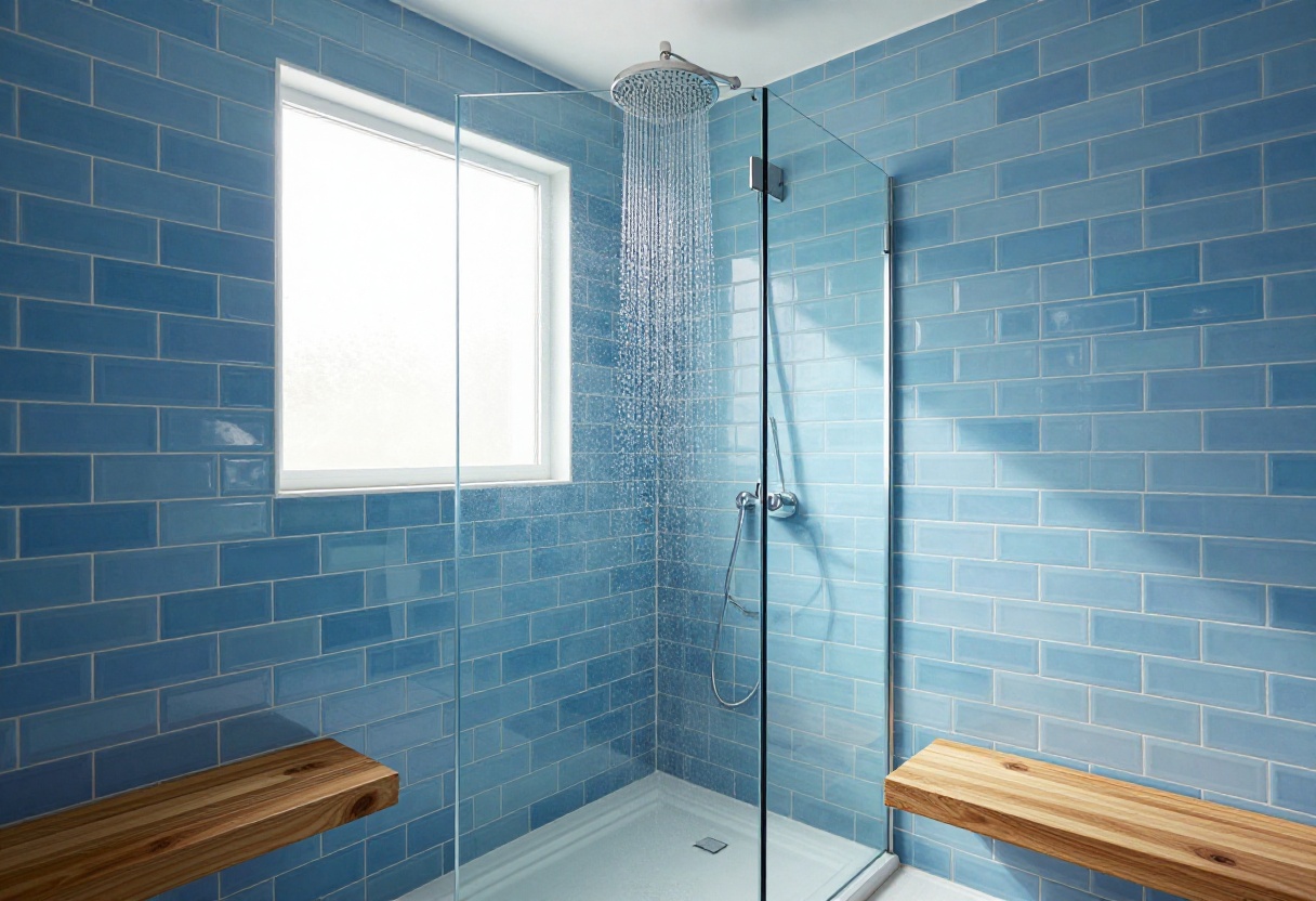 Modern bathroom shower with blue subway tile and glass door
