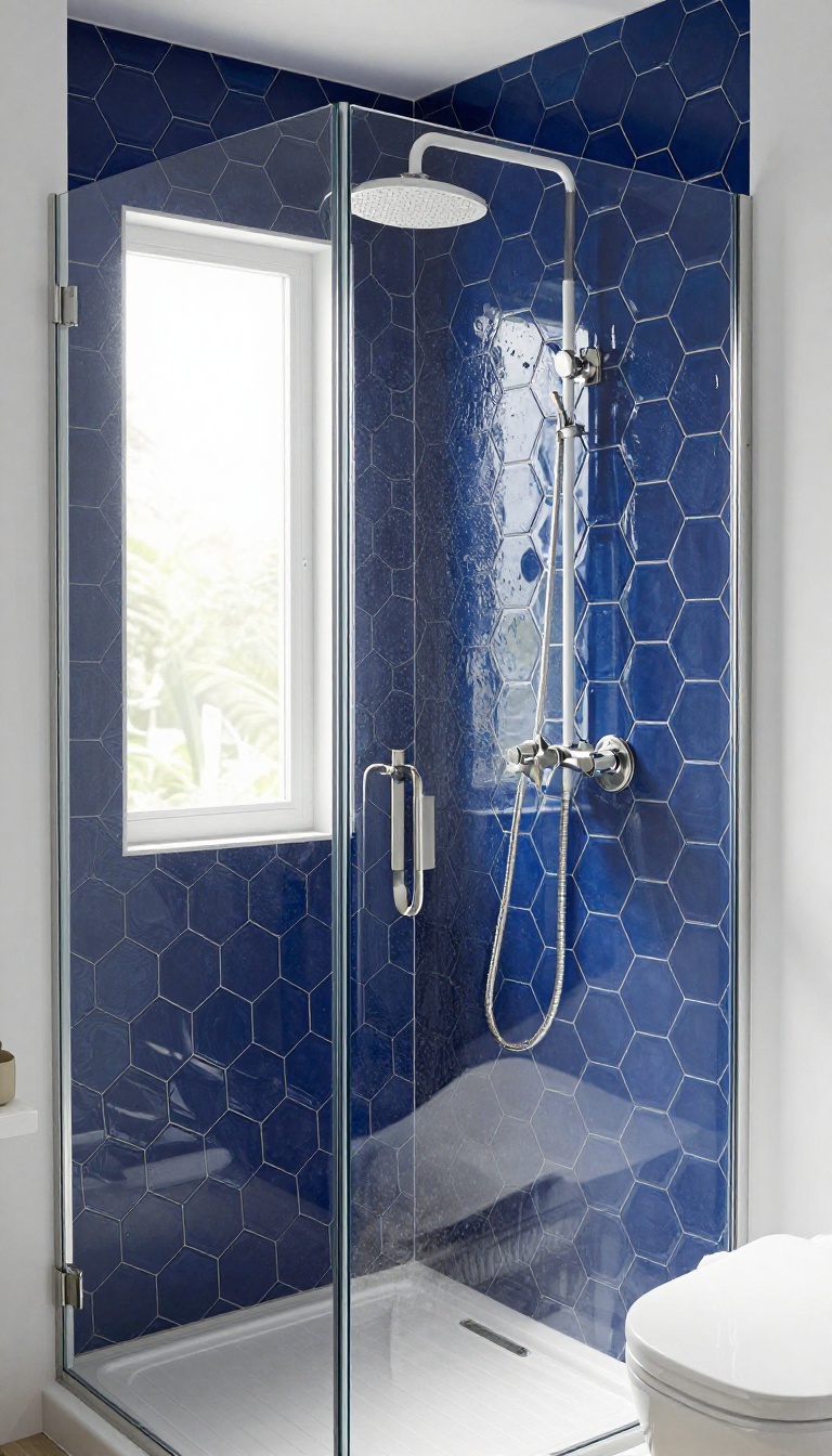 Modern bathroom shower with navy blue hexagon tiles, white grout, and bright fixtures.