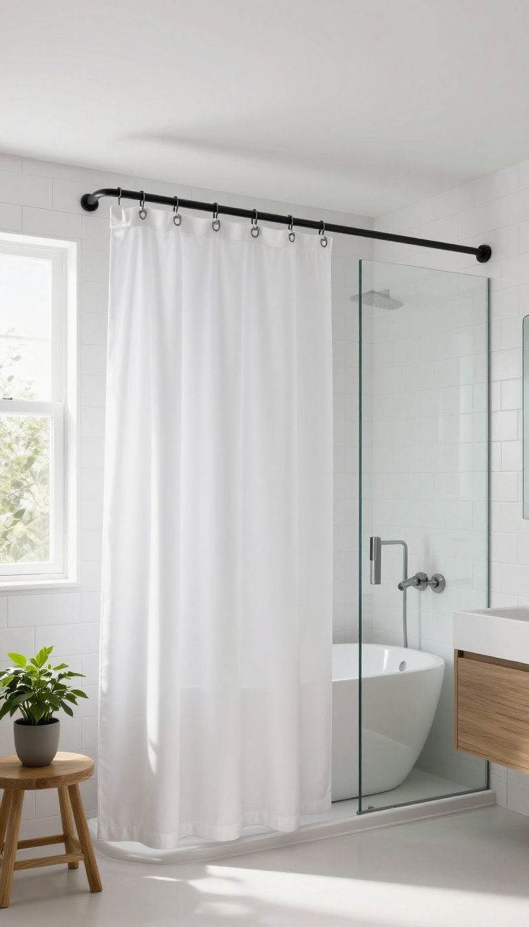 Tension ceiling rod shower curtain in a modern bathroom