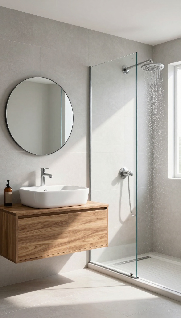 Modern walk-in shower with a single glass panel in a bright, minimalist bathroom