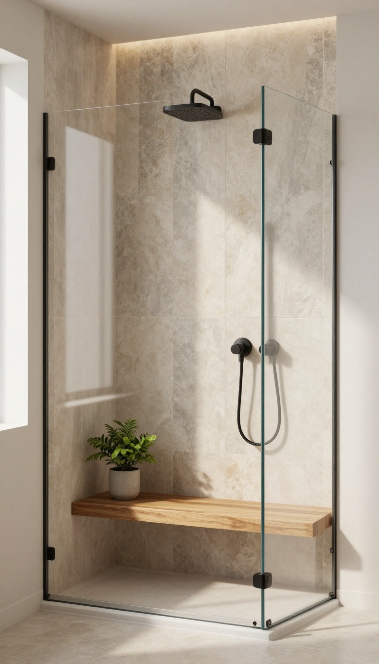 Vertical stone-look tiles in a shower with a teak bench and matte black fixtures, creating a warm, organic spa-like atmosphere.