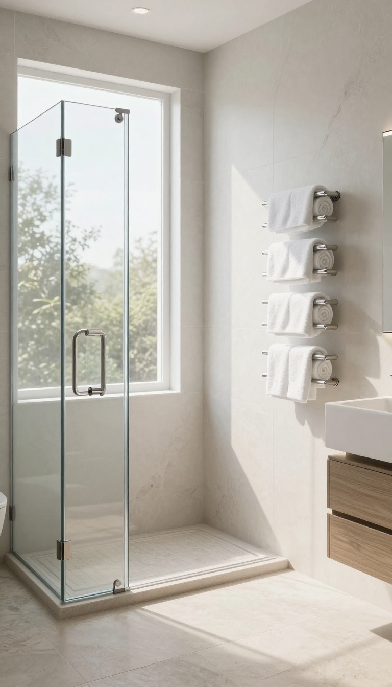 Modern bathroom with a towel warmer insert near the shower, holding rolled white towels