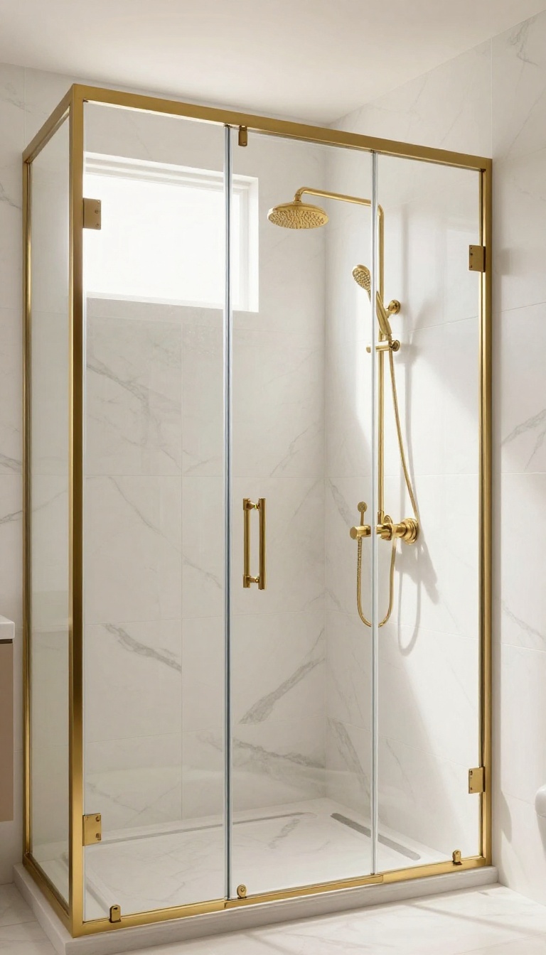 Modern bathroom shower with matte brass accents and white marble tile, showcasing a brass-framed glass enclosure and brass fixtures in natural light.