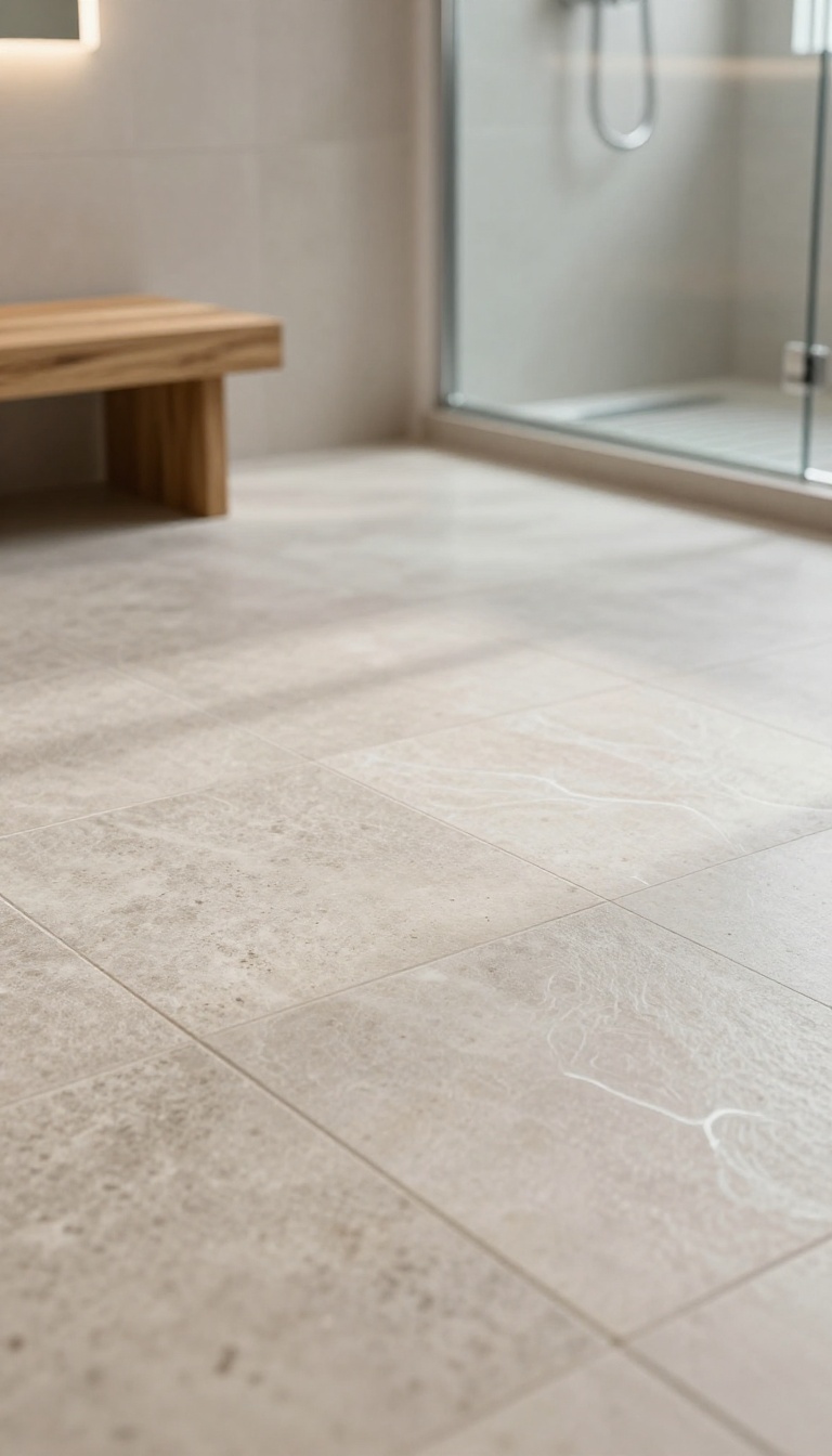 Textured stone-look tiles on a modern steam shower floor
