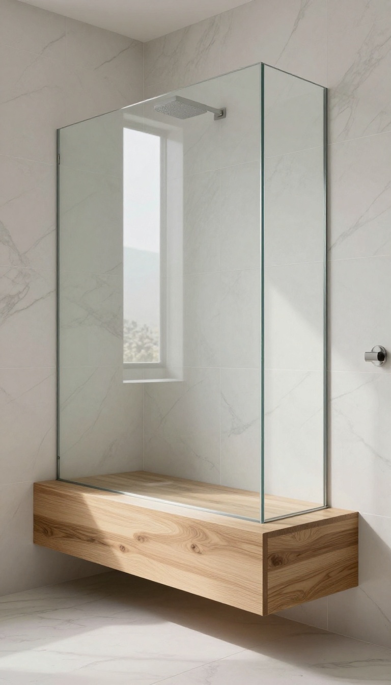 Modern bathroom shower with a floating wooden bench on a marble tile wall