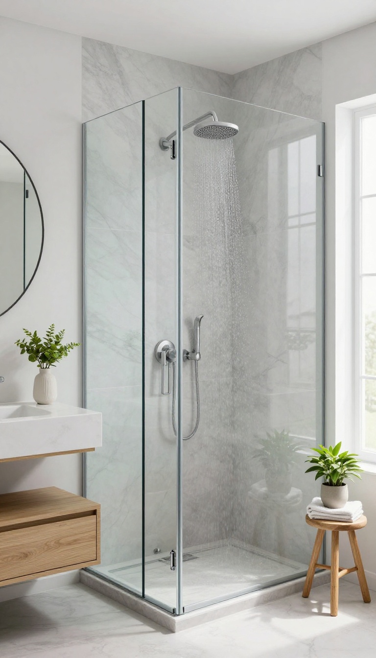 Minimalist frameless shower with a built-in stone bench and teak stool, bright natural light