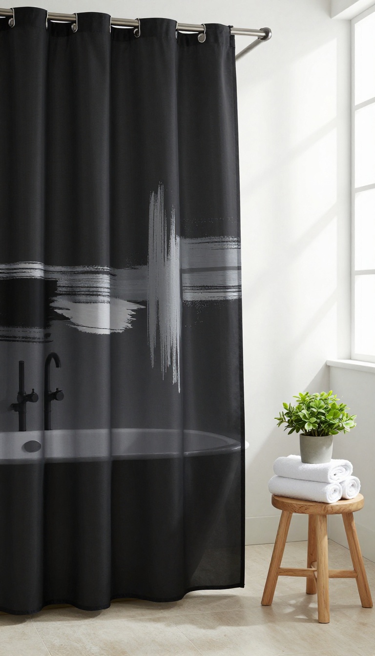 Black shower curtain with minimalist abstract design in a bright, modern bathroom