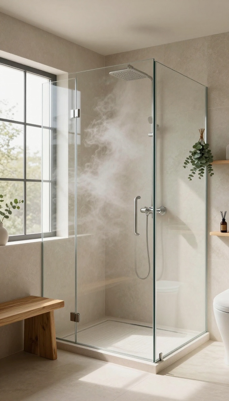 Steam shower in a modern bathroom with natural light and eucalyptus, evoking a spa-like sauna experience