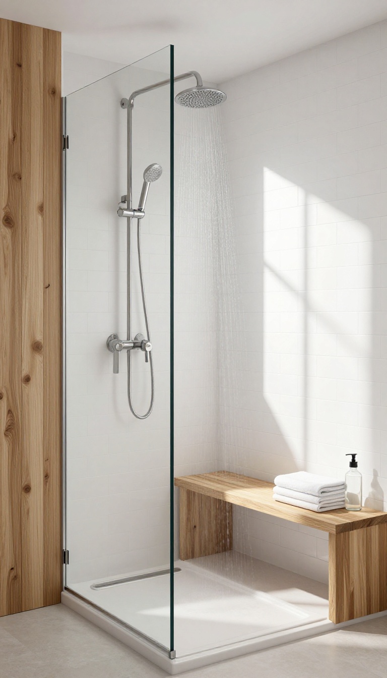 Small bathroom shower with a built-in teak bench for seating and storage, styled with towels and toiletries.