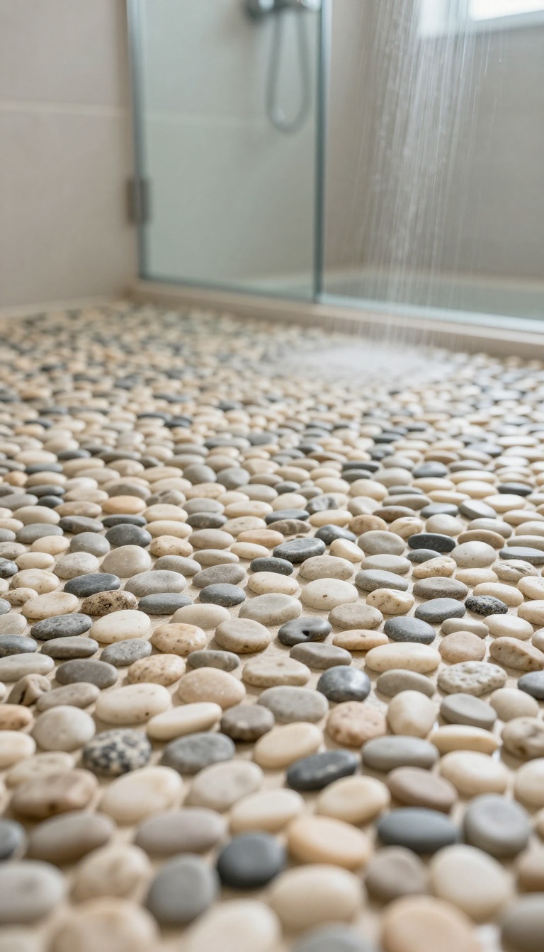 Close-up of a pebble mosaic shower floor with smooth river stones in natural tones, illuminated by soft natural light, evoking a spa-like bathroom atmosphere.