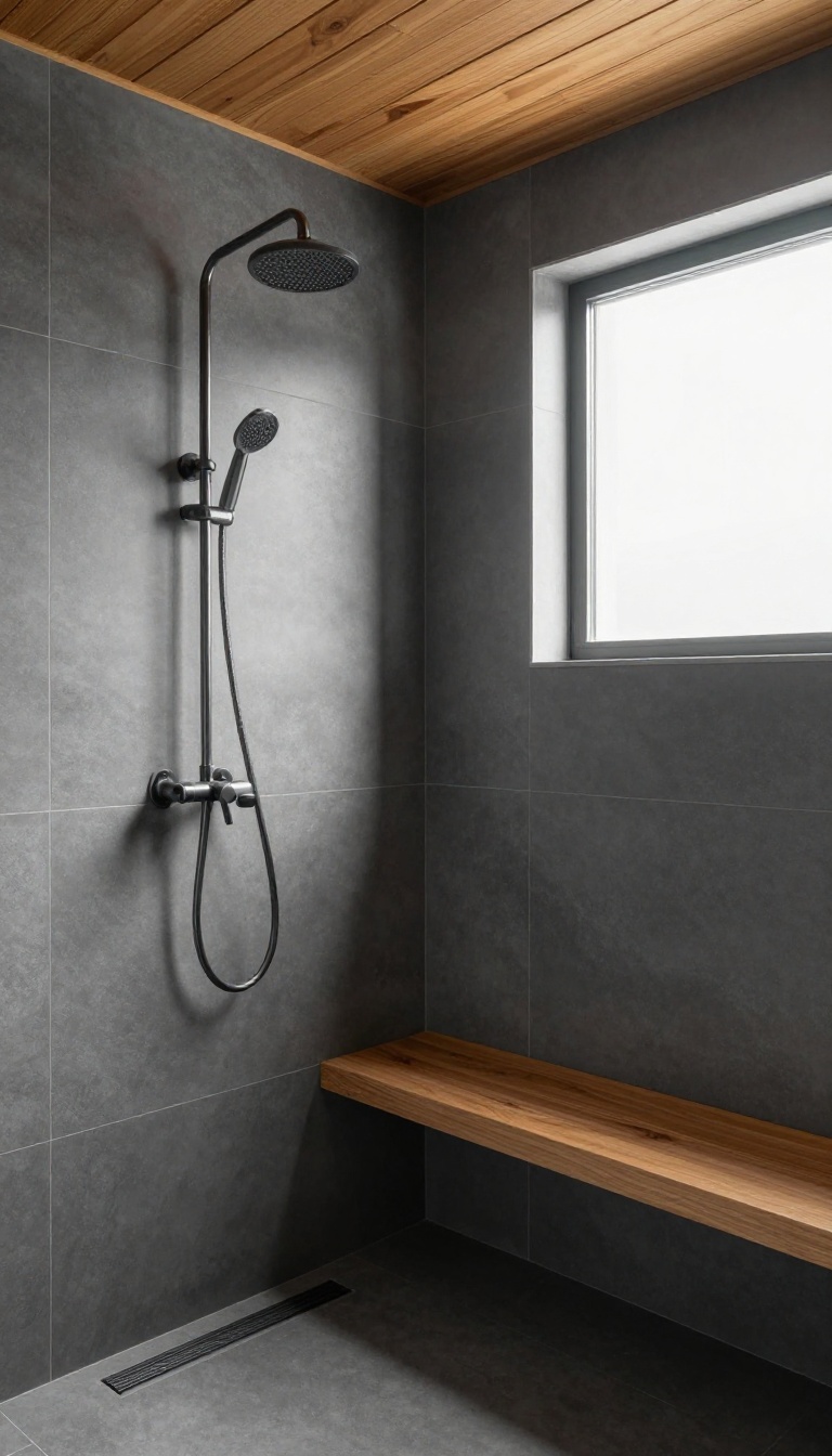 Dark graphite large-format tiles paired with a teak bench and cedar ceiling in a modern shower, creating a warm, spa-like atmosphere.