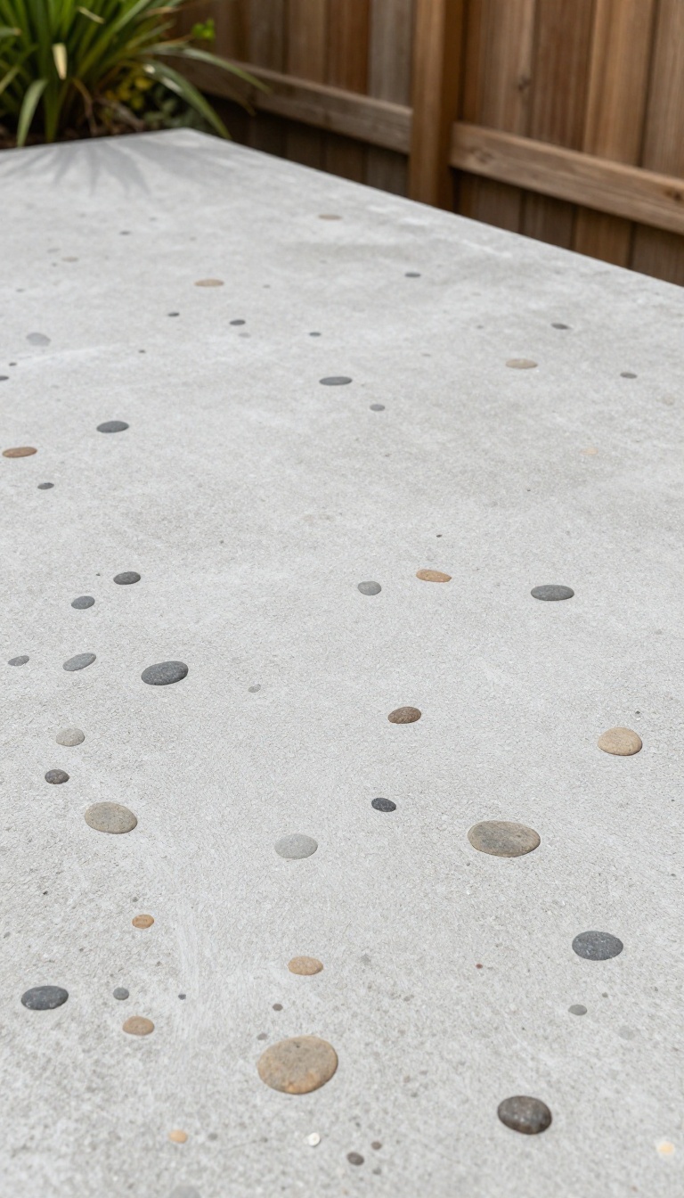 Outdoor shower floor with exposed aggregate concrete, showing textured pebbles and a natural, durable surface.