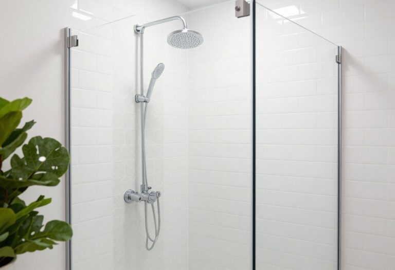 Modern subway tile shower with vertical stack and contrasting niche