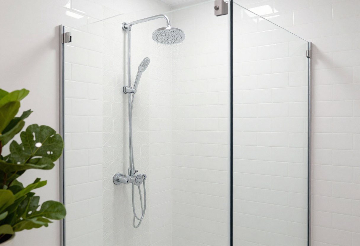 Modern subway tile shower with vertical stack and contrasting niche