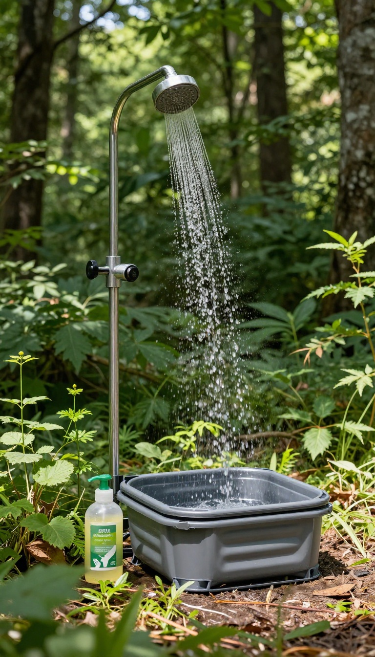 Eco-friendly camping shower with biodegradable soap and greywater collection basin in a sunny forest setting