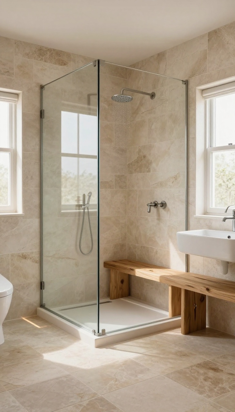 Rustic cabin bathroom with a walk-in stone shower and heated slate floor, bathed in soft morning light.