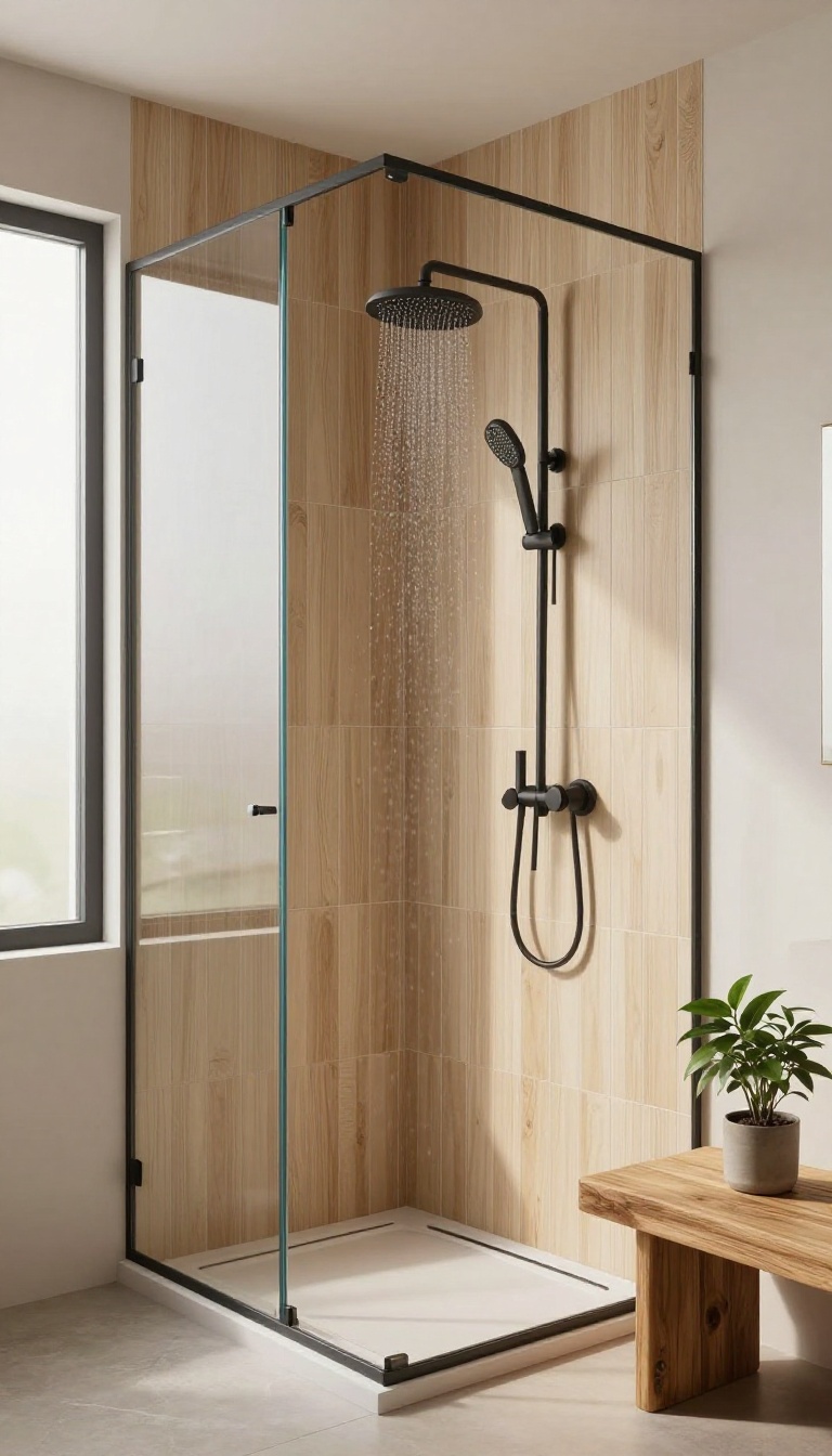 Vertical wood-look tile shower with matte black fixtures and greenery for a spa vibe.