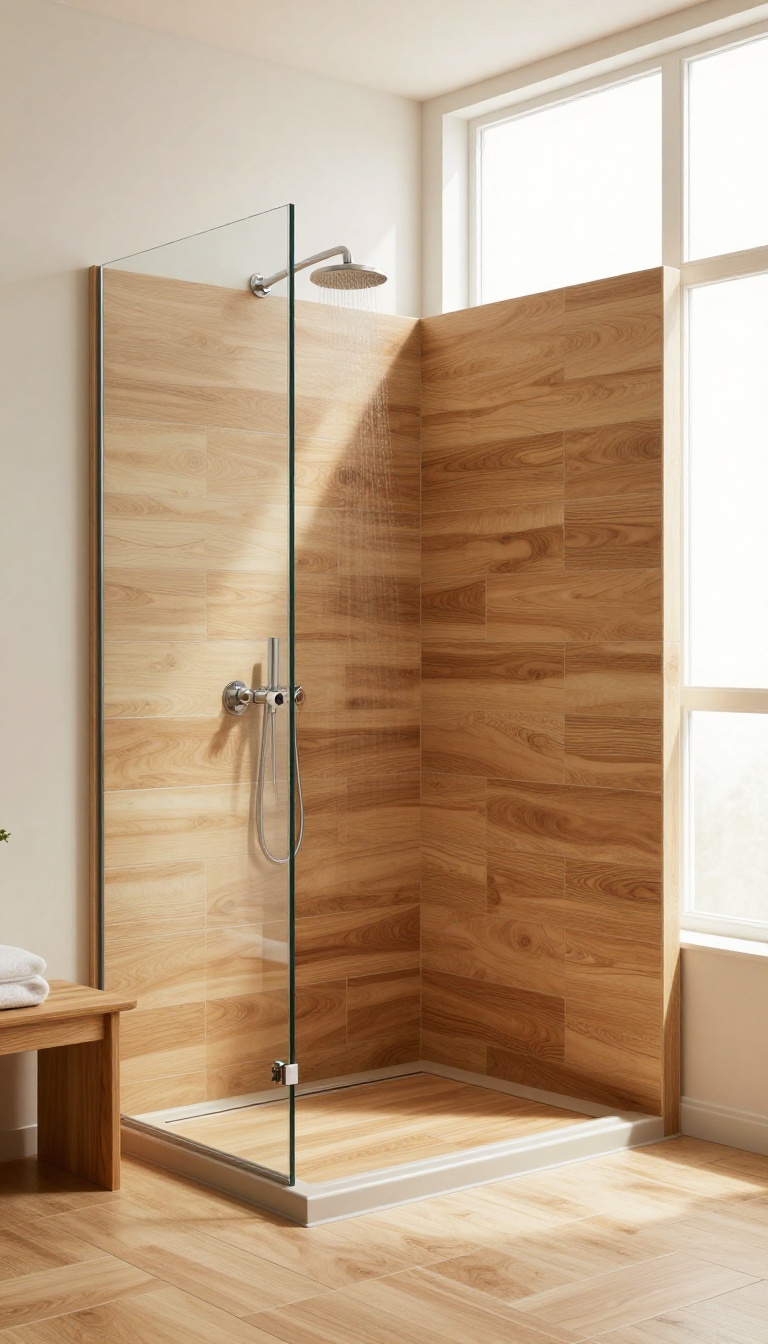 Curbless walk-in shower with wood-look porcelain tiles in a warm, inviting bathroom