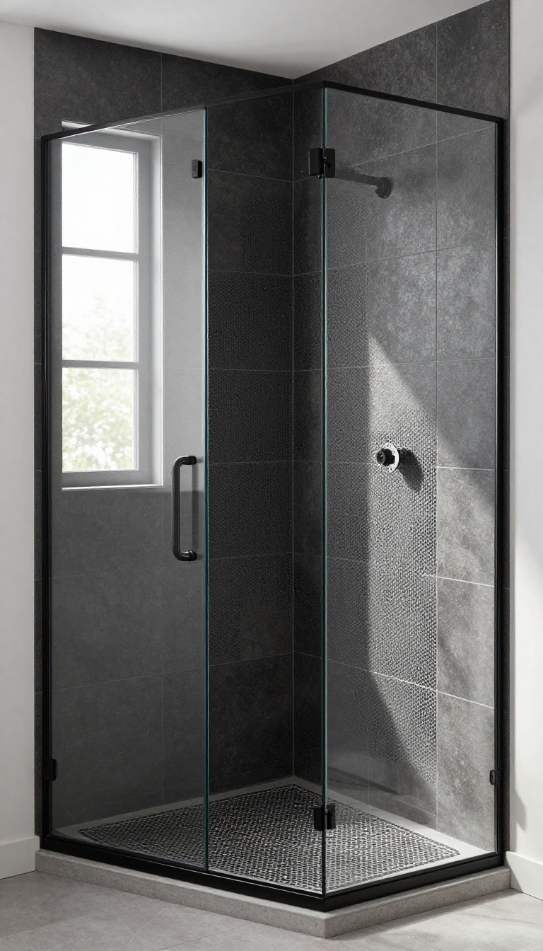 Black hexagon mosaic tile floor in a modern walk-in shower with frameless glass, showcasing texture and depth.
