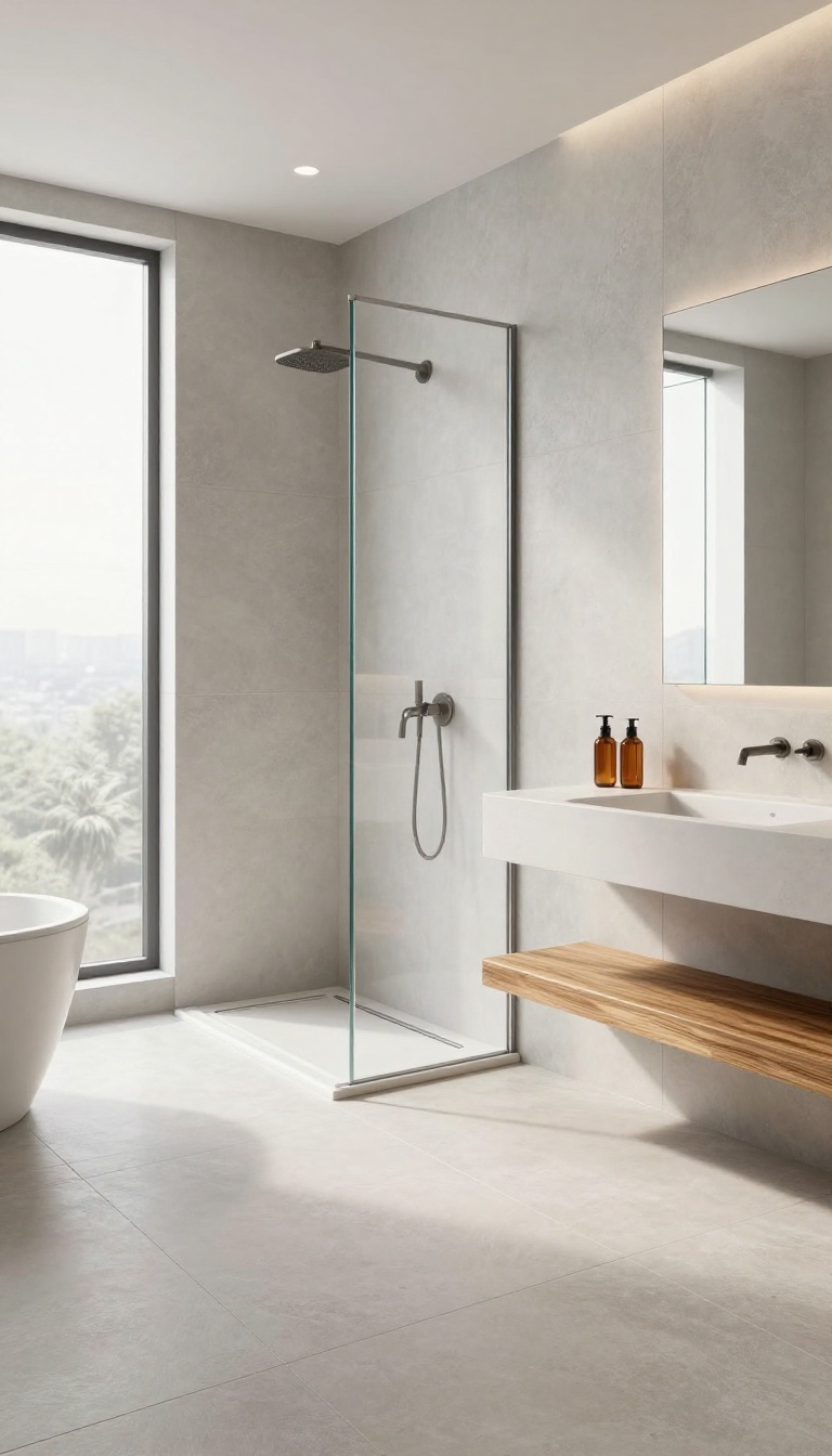 Modern walk-in shower with linear drain, curbless entry, large-format tiles, glass panel, built-in niche, and teak bench in bright natural light.