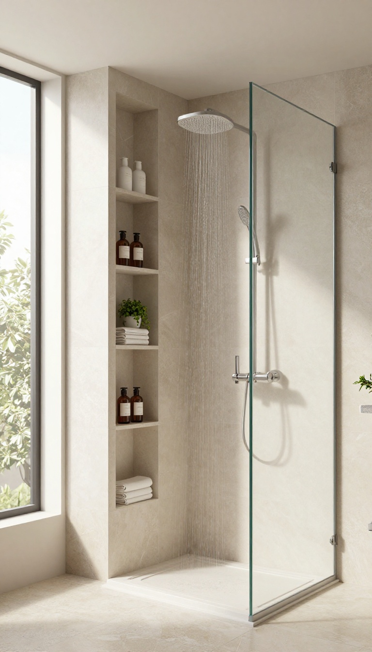 Modern shower with a full-height built-in storage column featuring open shelves for toiletries and towels, bright natural light, clean design