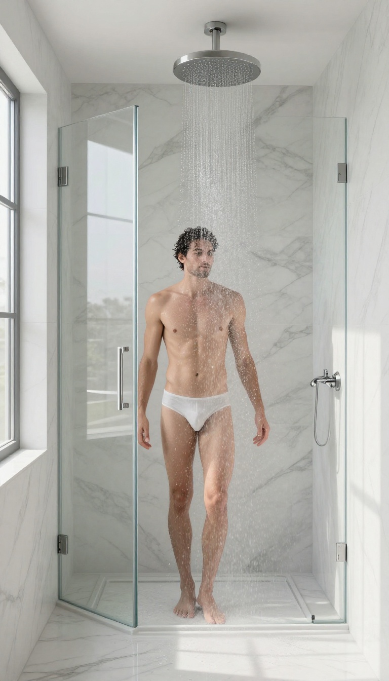 Oversized rainfall showerhead providing full-body coverage in a luxurious bathroom