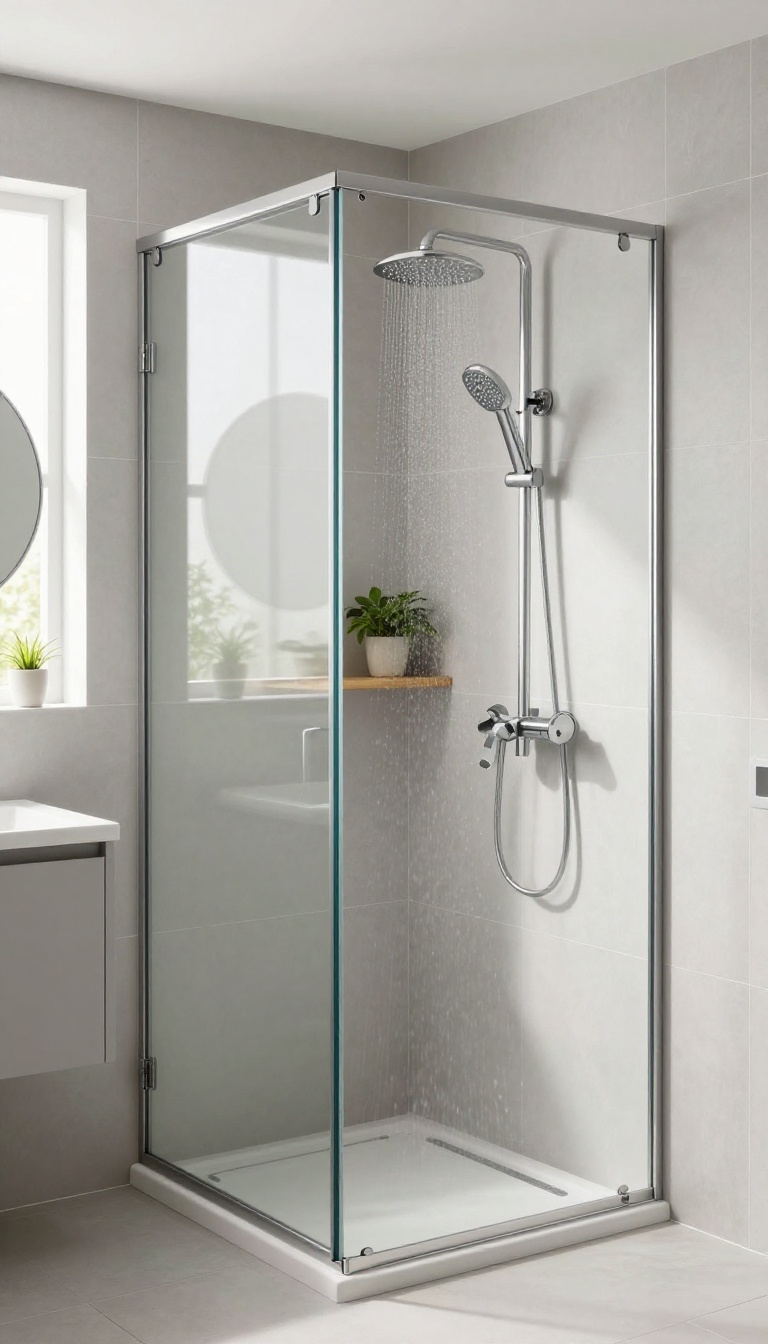 Small bathroom with a corner walk-in shower, clear glass enclosure, and bright natural light, showing space-saving layout.