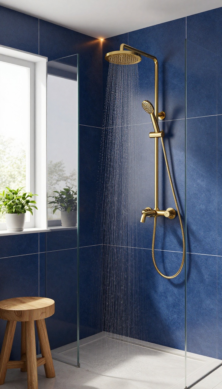 Midnight blue large tiles with brass fixtures in a modern shower