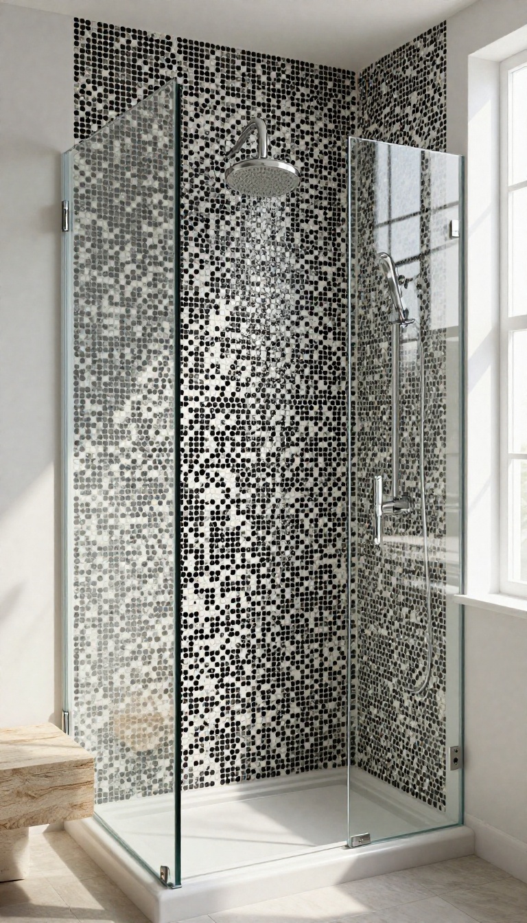 Black and white penny tile mosaic in a modern bathroom shower