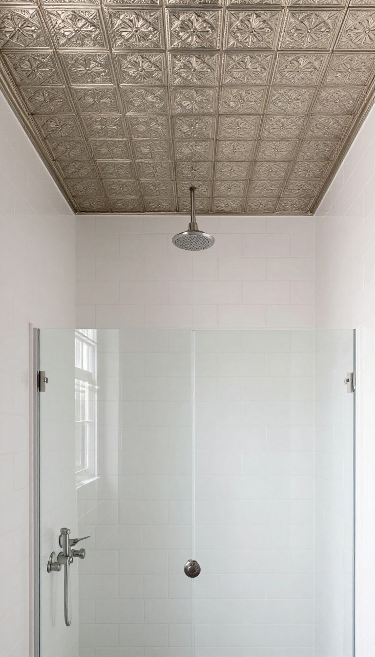 Vintage tin tile ceiling in a bright, elegant shower