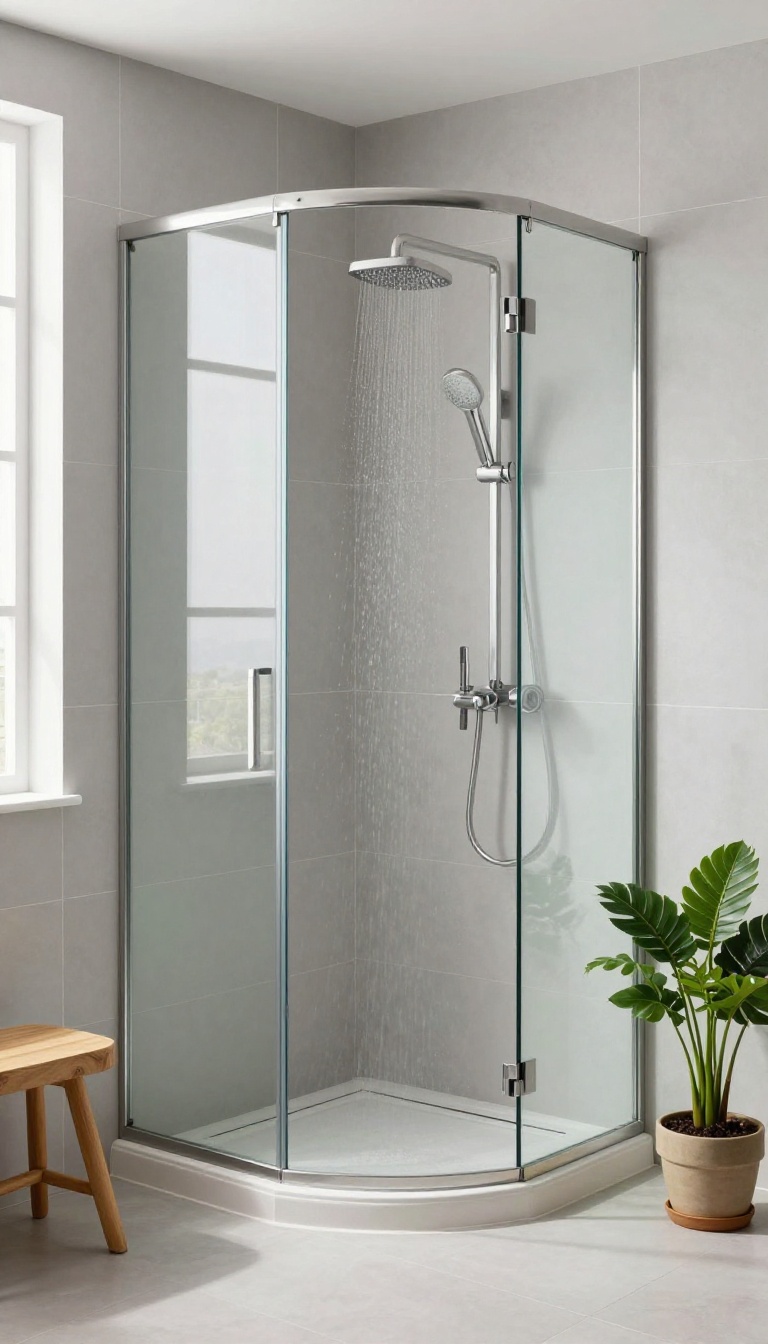 Modern corner shower with diagonal glass entry in a bright bathroom
