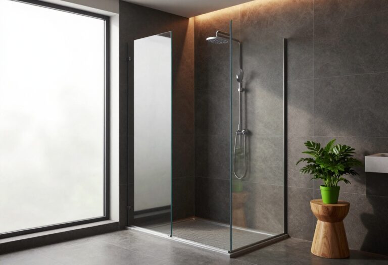 Modern dark shower tile design with charcoal tiles and glass enclosure